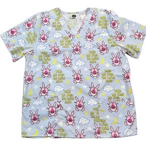 Vtg Its Happy Bunny Scrub Top Large Jim Benton Wake Me When Boring Stops Blue L